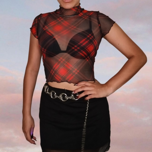 Dolls kill plaid mesh top in black and red - Picture 2 of 4